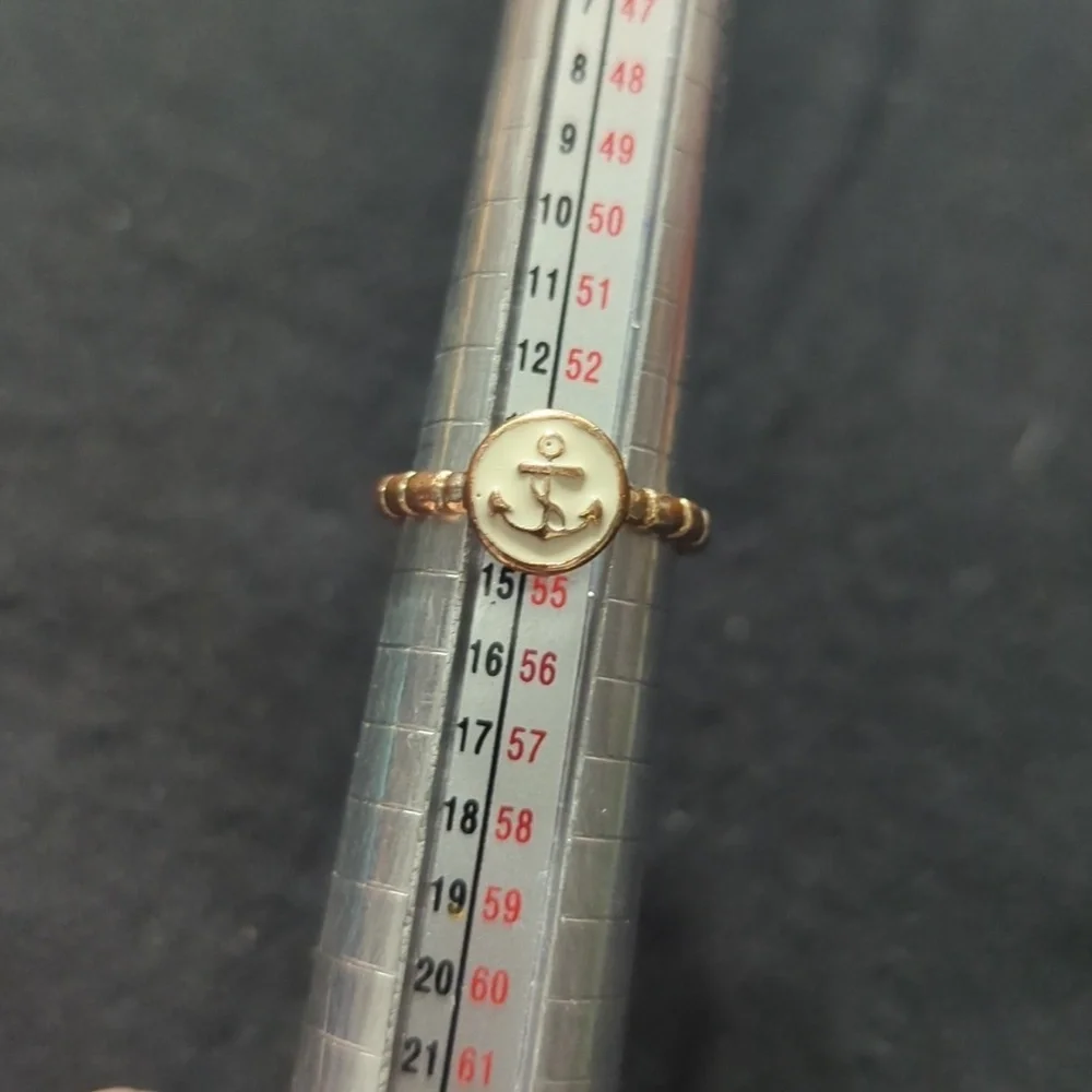 Gold Tone Cream Enamel Anchor Statement Ring - size 6.75